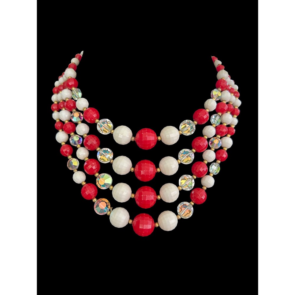 Vintage Red White AB Crystal 4 Strand Faceted Bead Bib Necklace J-Hook 13-16in